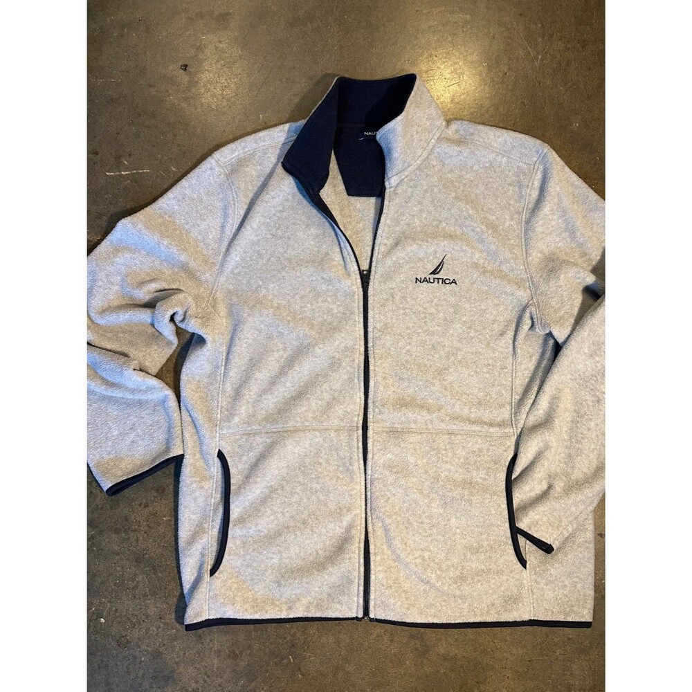 Nautica Fleece Jacket XL Full Zip Grey Navy Blue Trim Lightweight Jacket Mens